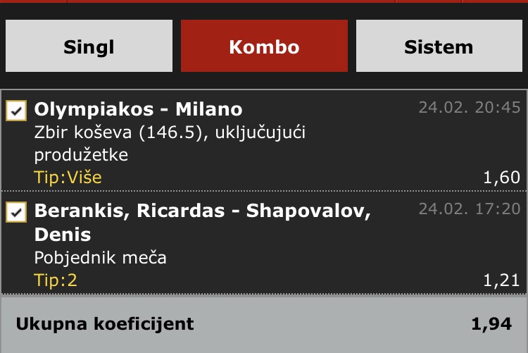 Današnji dubl, OLy-Milano, olimpijakos je na prosjeku koseva 153,5 po susretu u Euroligi, a kada igra kući taj prosjek je 149,1, dok me Milano ove godine iznenađuje mečevima na jako mali broj koseva, Milano je na prosjeku 144,5 dok u gostima imaju prosjek 141,3.<br />Po ovim pokazateljima malo rizičan tip ali sam uzeo u obzir da je na zadnja dva meča između ova dva tima bilo 165 i 169 koseva.<br /><br />Shapovalova sam gledao njegova zadnja dva meča igra jako dobro, motivirano, sa jako dobrim servisom gdje dozvoljava jako mali broj poena protivniku i po meni je ovo čak tip za singl i malo veće novce.<br /><br />Izvinite na malo dužem postu.<br />Sretno!<br />Kladionica wwin.