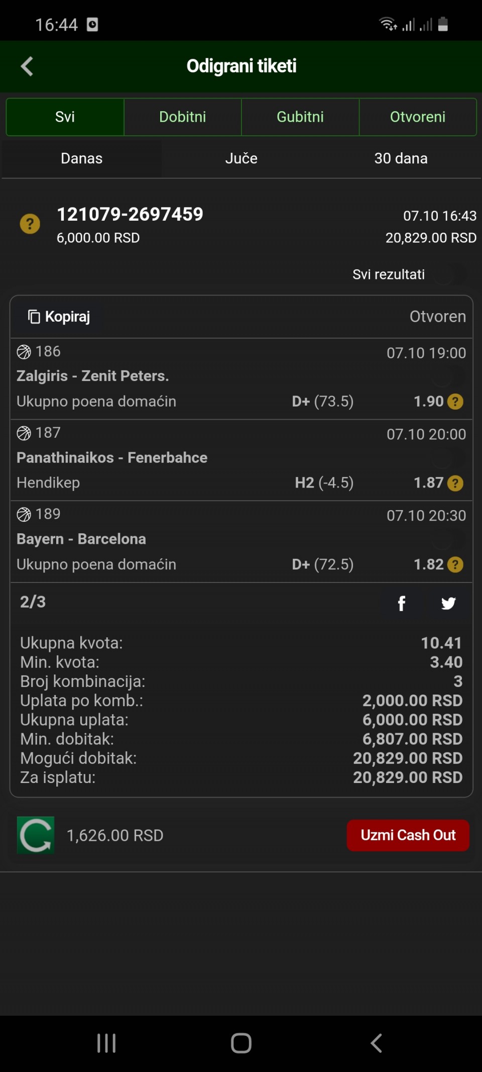 Tiket br 3 u sistemu koji igram, stanje banke u komentaru kasnije... posle 2 pada odlucio sam danas ovako... zalgiris na preporuku sa sajta...