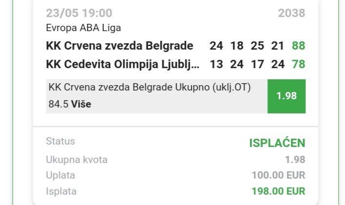 Stelaaa Rosaaa ispostovalaa, nadam se da cemo i dalje u istom ritmu!<br />Boston-Majami DP 106.5 + 1.90<br />Braun 6.5+ reb 1.85<br />Braun 24.5 + 1.90<br />Srecnoo